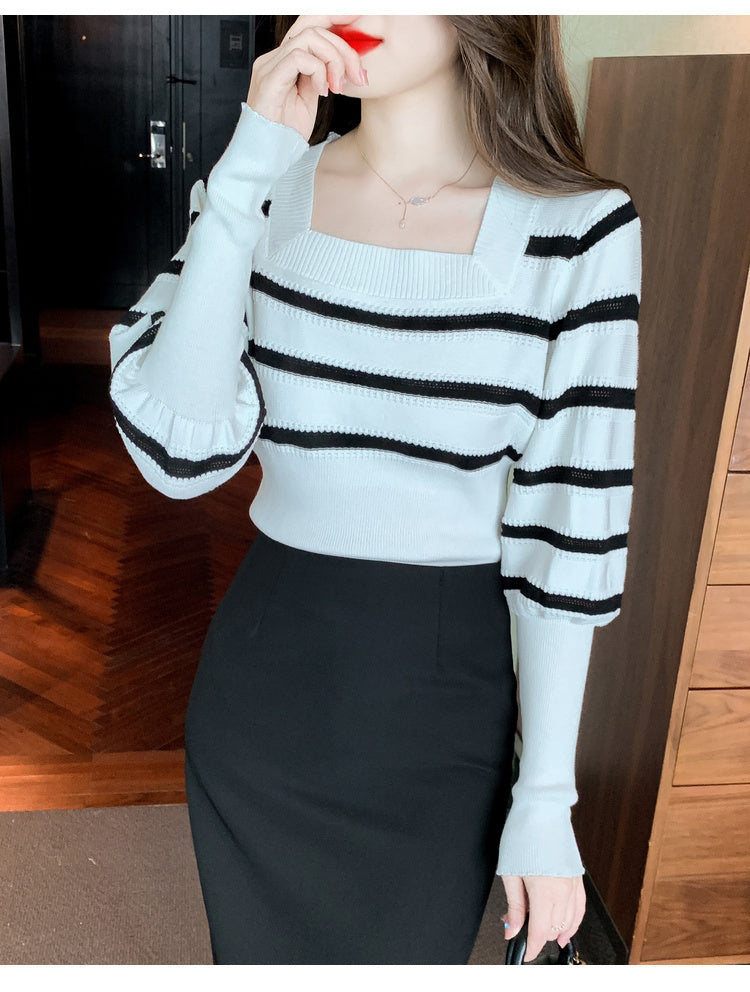 【tops】ストライプ柄長袖ニットトップスG23071