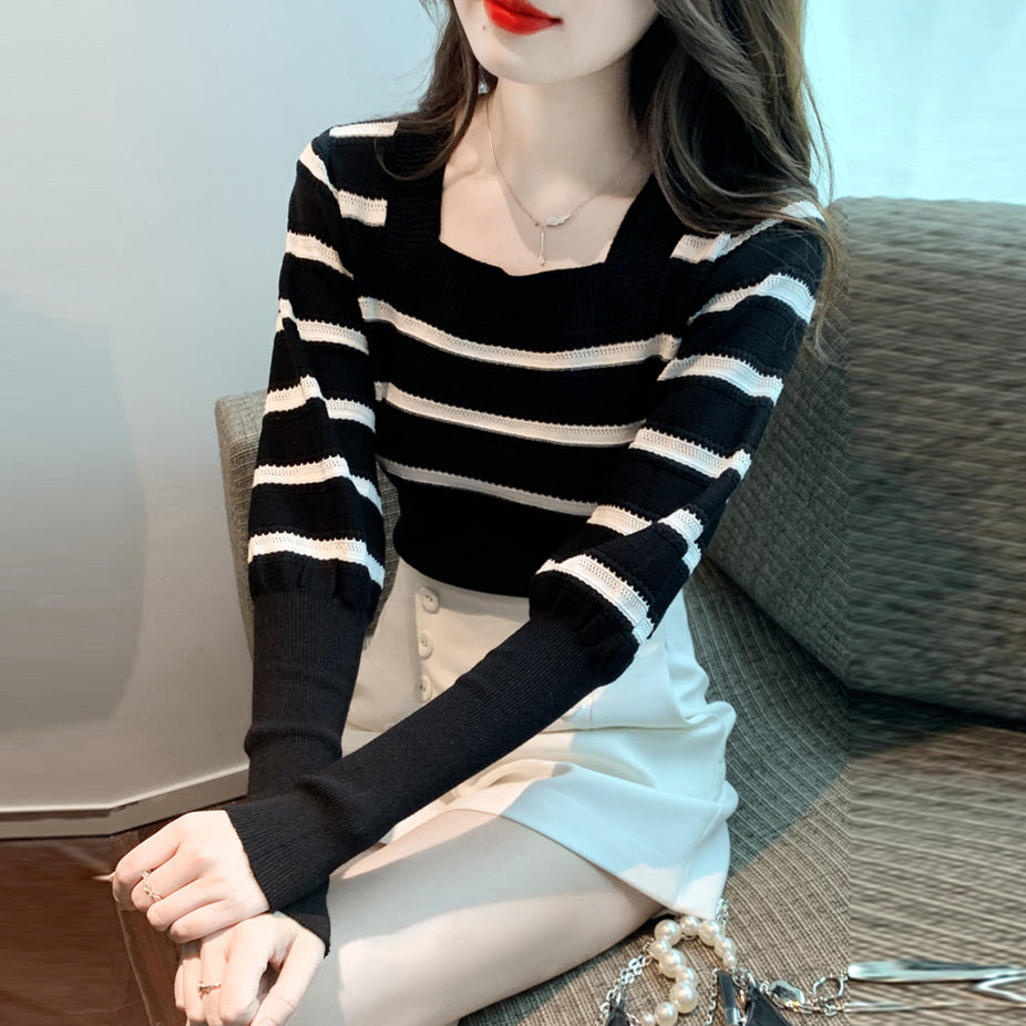 【tops】ストライプ柄長袖ニットトップスG23071