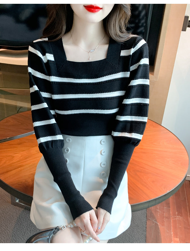 【tops】ストライプ柄長袖ニットトップスG23071