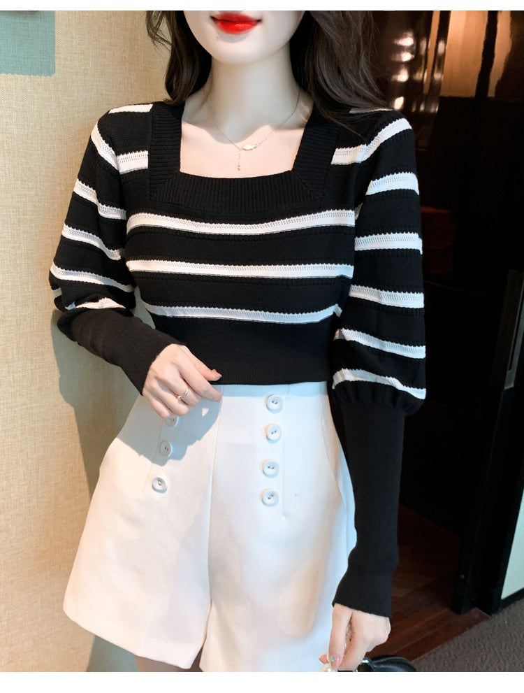 【tops】ストライプ柄長袖ニットトップスG23071