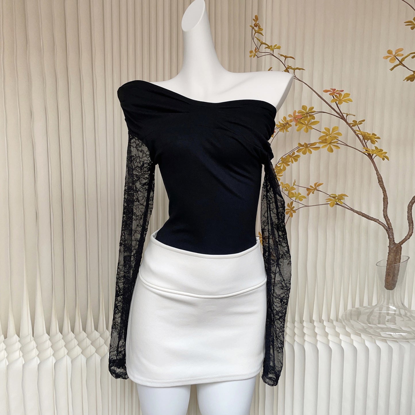 【tops】レース切り替え長袖ニットトップスG23090