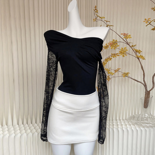 【tops】レース切り替え長袖ニットトップスG23090