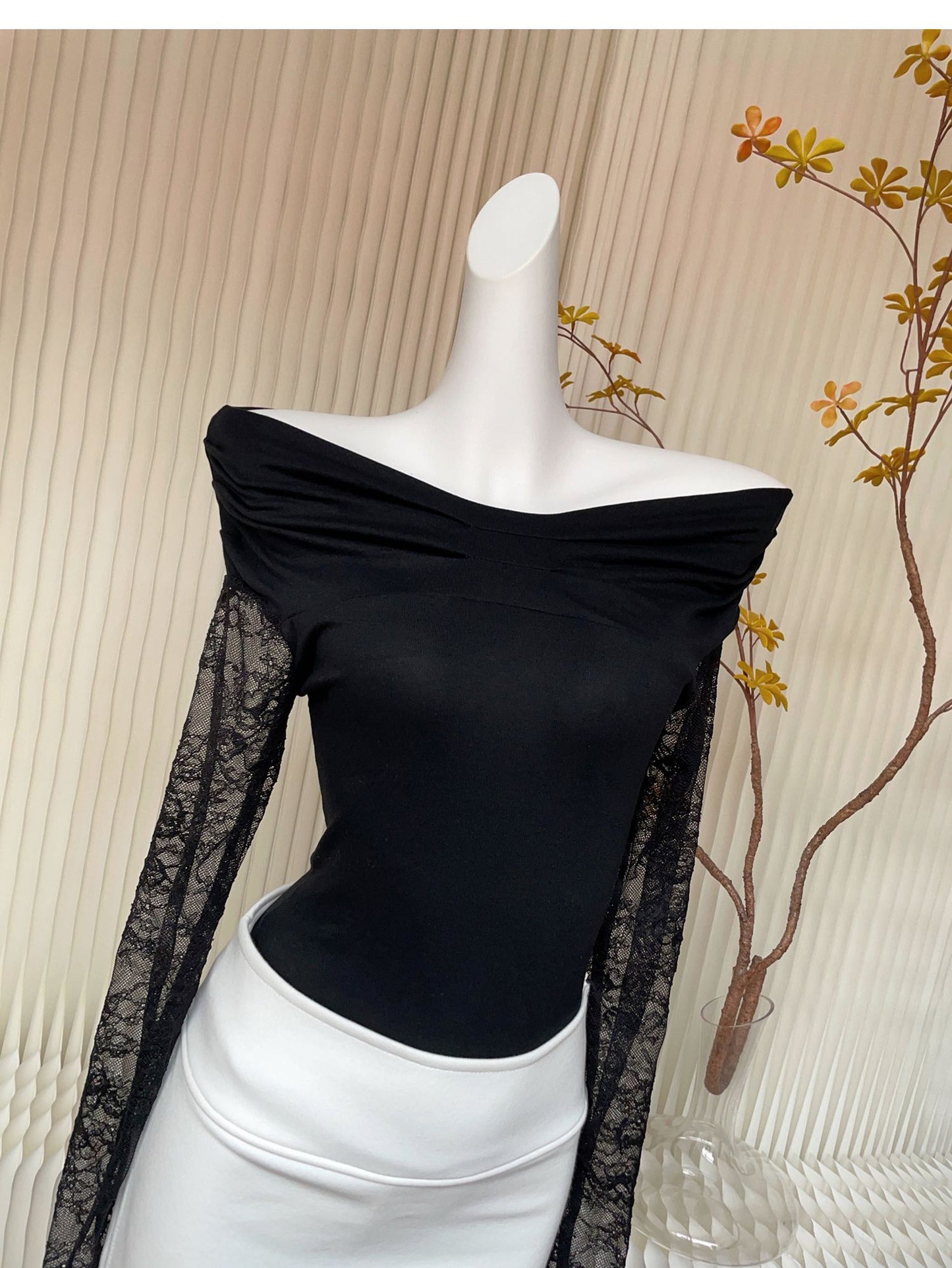 【tops】レース切り替え長袖ニットトップスG23090