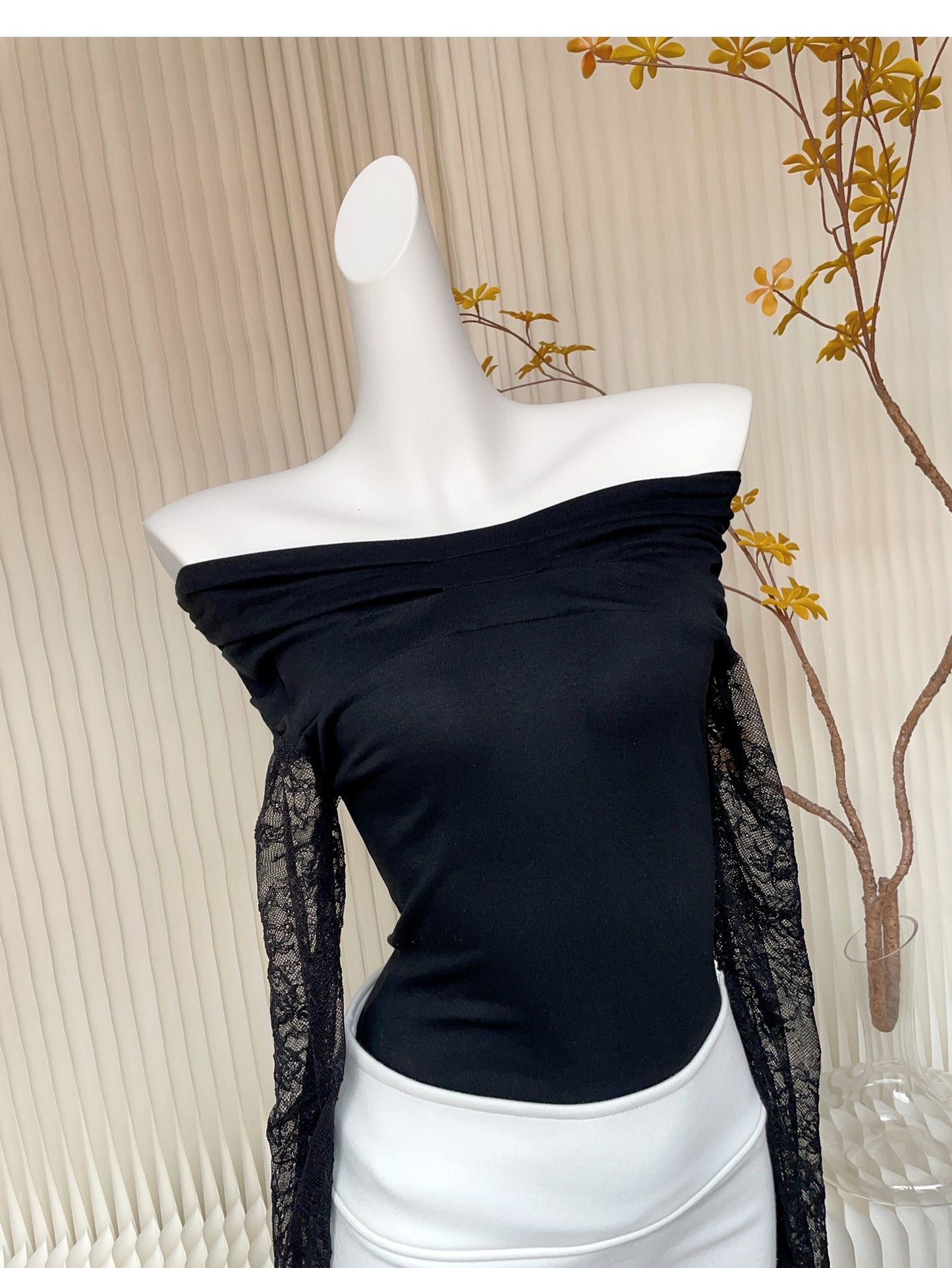 【tops】レース切り替え長袖ニットトップスG23090