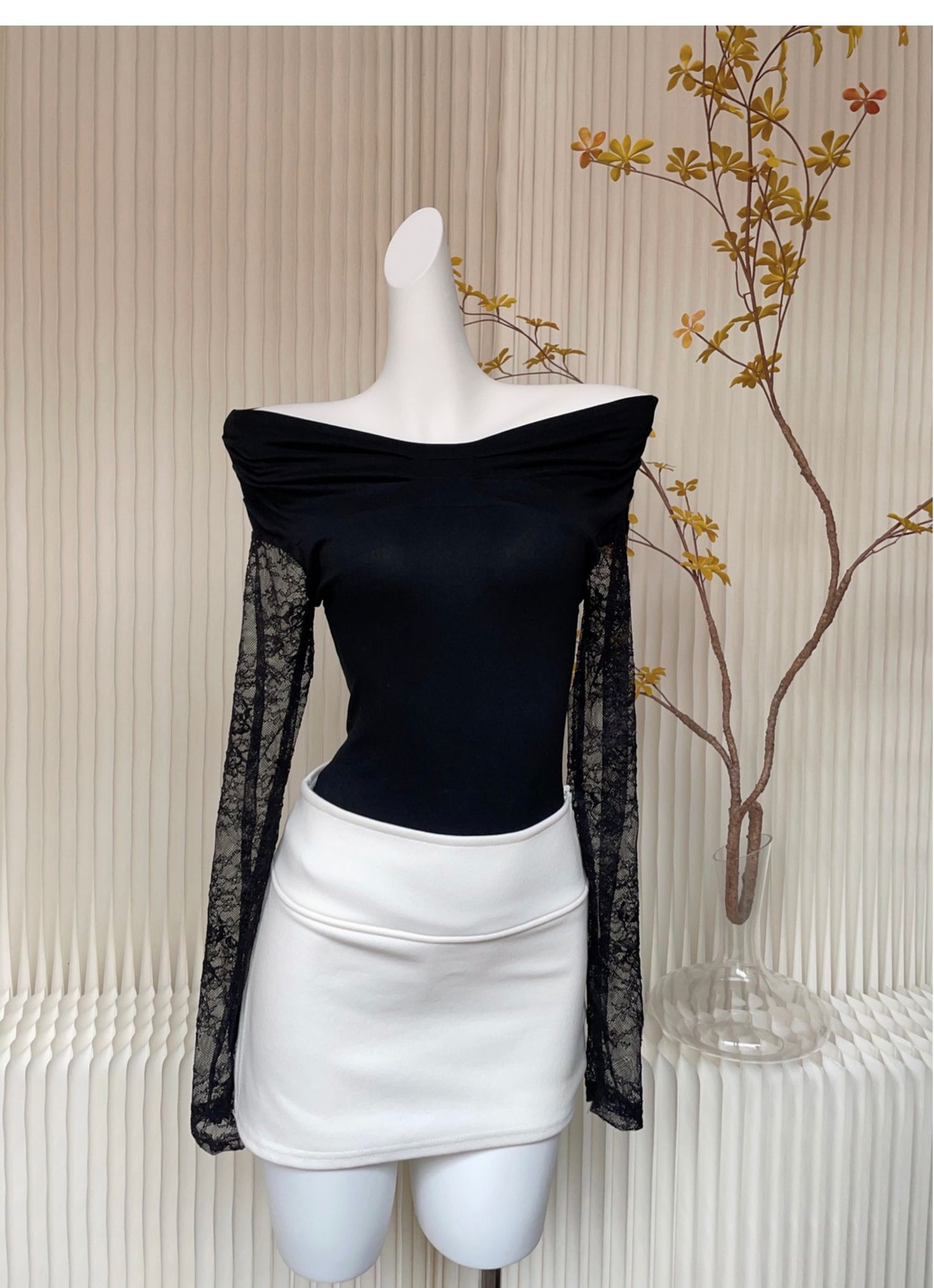 【tops】レース切り替え長袖ニットトップスG23090