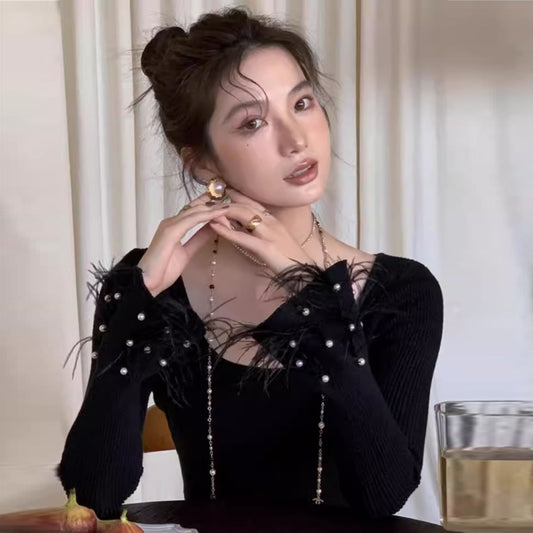 【tops】フリンジフレアスリーブニットセーターG23109