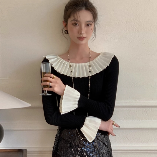 【tops】フリルフレアスリーブニットセーターG23111