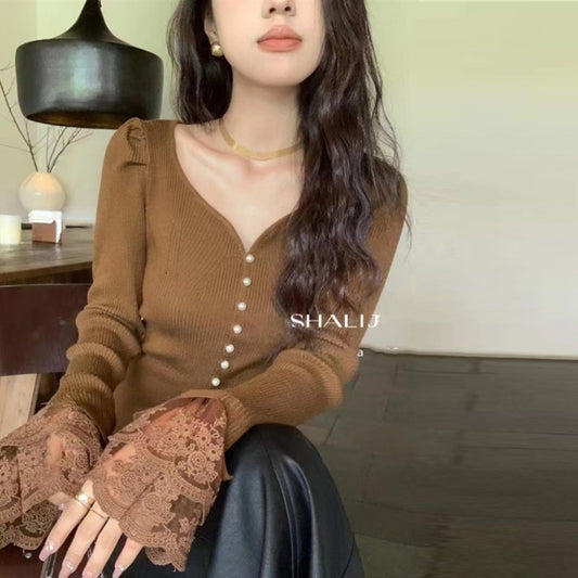 【tops】Vネックレース長袖ニットセーターG23112