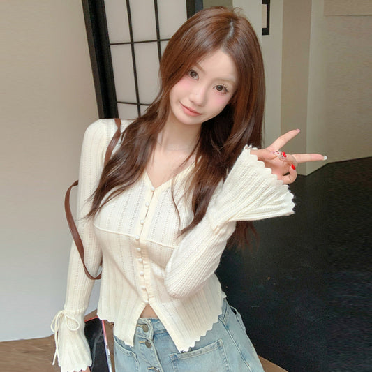 【tops】VネックフレアスリーブニットトップスG23116