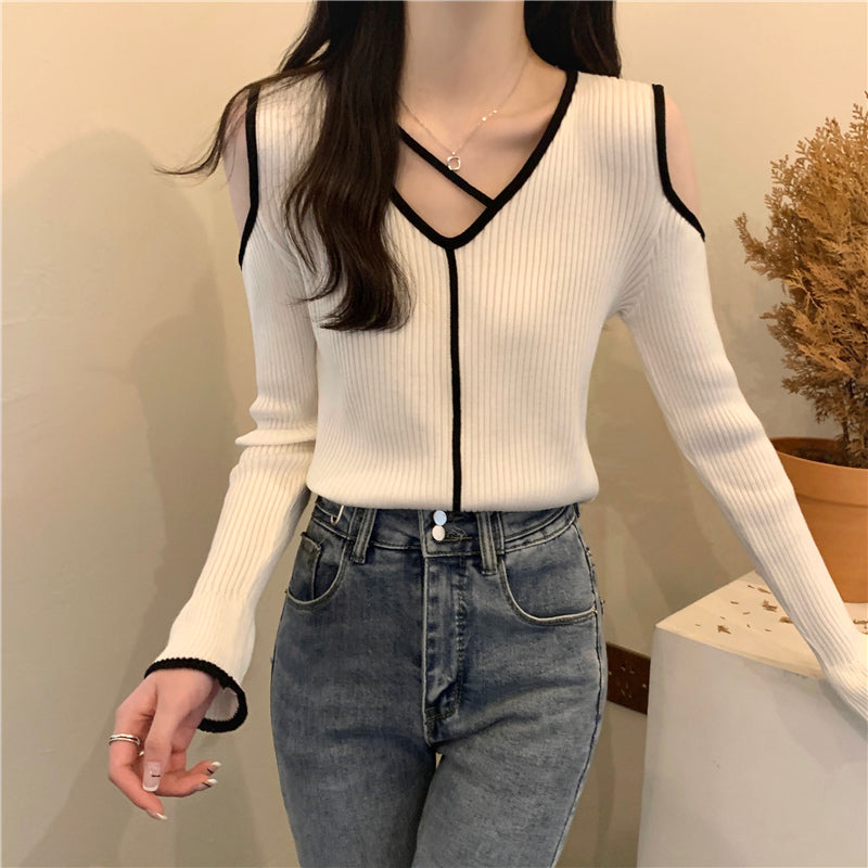 【tops】Vネック長袖ニットセーターG23120
