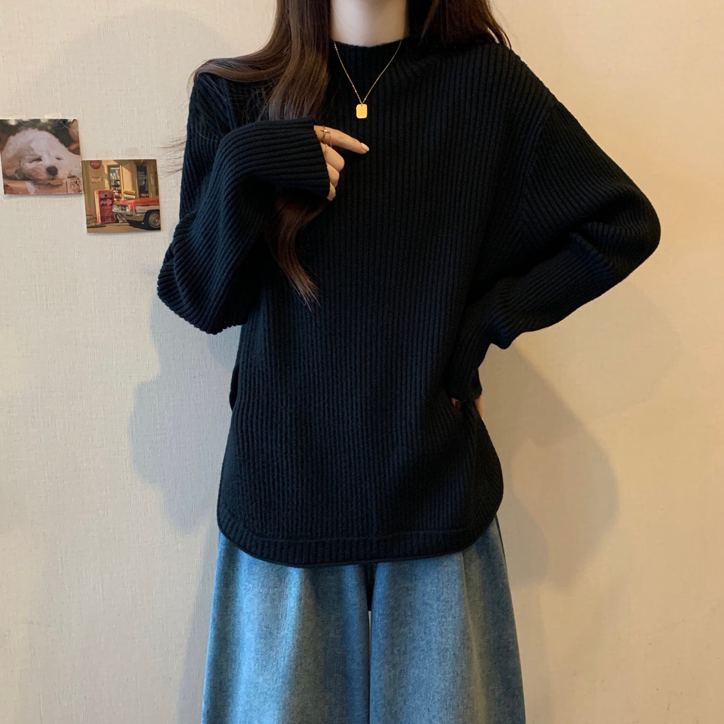 【tops】スリット長袖ニットセーターG23125