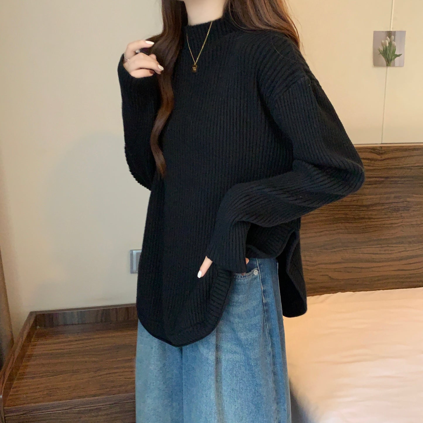 【tops】スリット長袖ニットセーターG23125