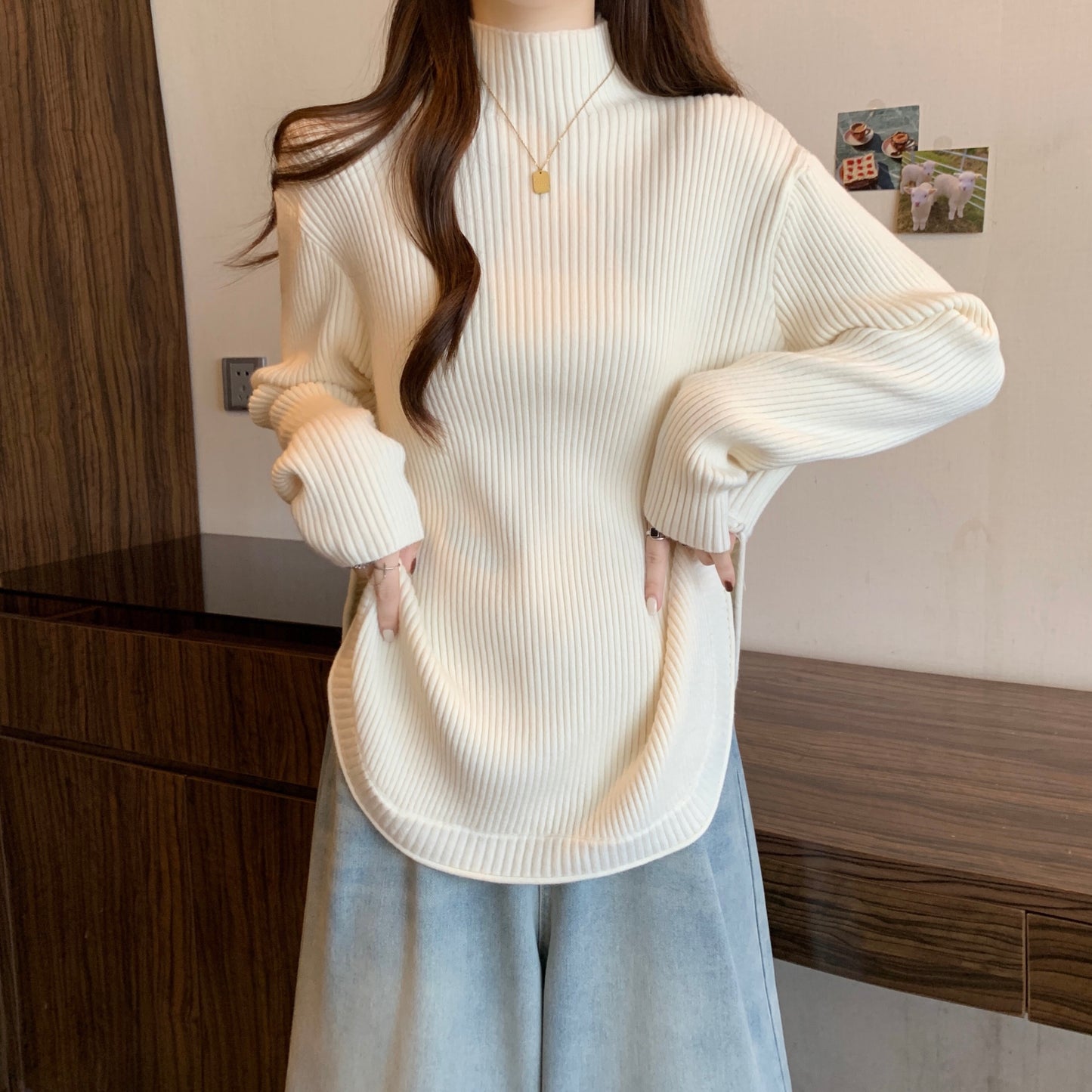 【tops】スリット長袖ニットセーターG23125