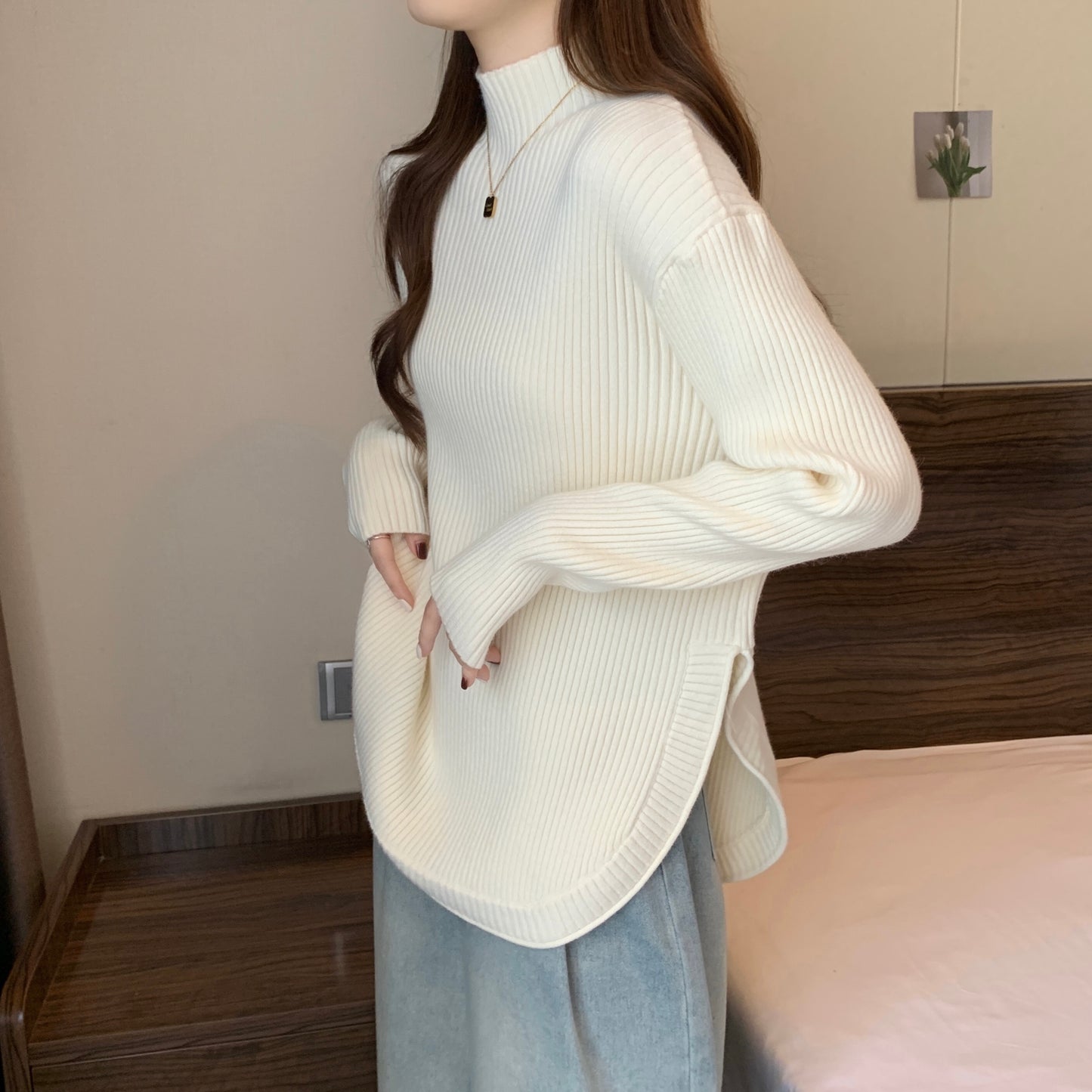 【tops】スリット長袖ニットセーターG23125