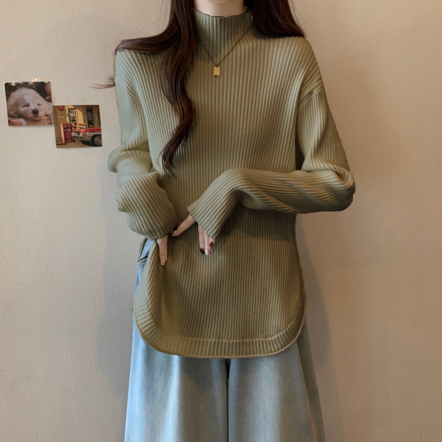 【tops】スリット長袖ニットセーターG23125