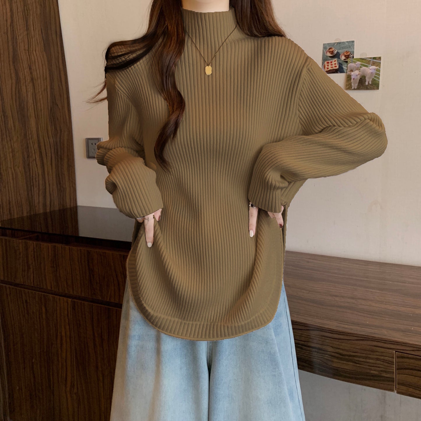 【tops】スリット長袖ニットセーターG23125