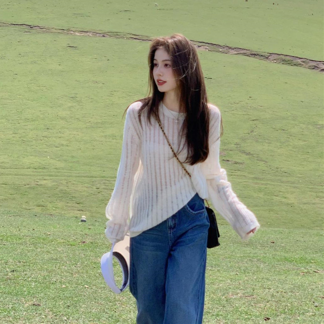 【tops】ラウンドネック長袖ニットセーターG23129