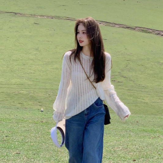 【tops】ラウンドネック長袖ニットセーターG23129