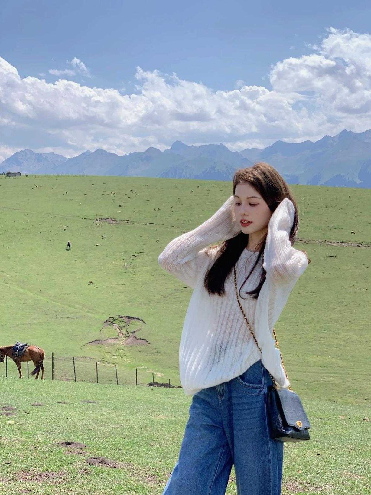 【tops】ラウンドネック長袖ニットセーターG23129