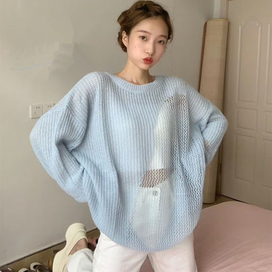 【tops】透かし彫り薄手長袖ニットトップスG23133