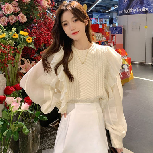 【tops】偽二つ切り替え長袖ニットセーターG23136