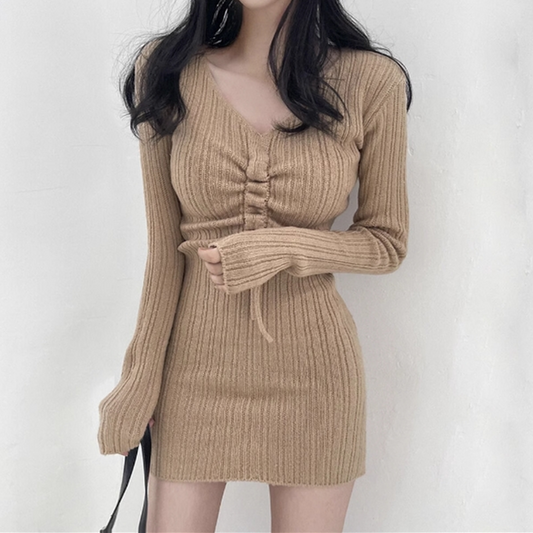 【dress】Vネック長袖ニットワンピースG23174