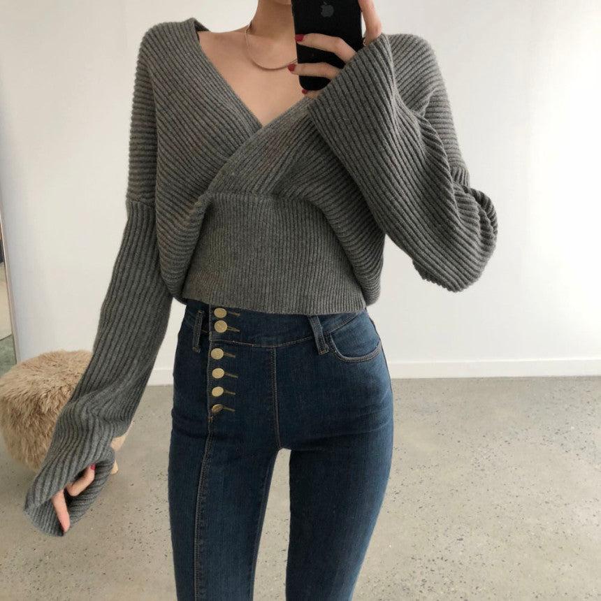 【tops】Vネック長袖ニットセーターG23175