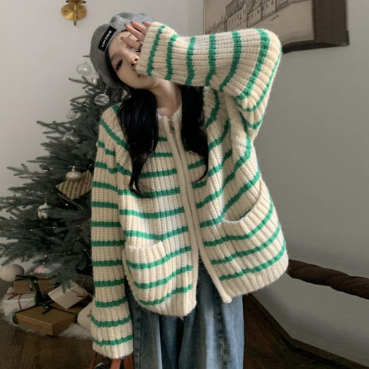 【outer】ストライプ柄ニットカーディガンG23209