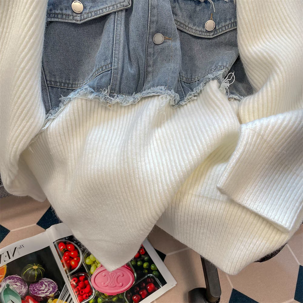 【tops】デニム切り替えニットセーターG23229