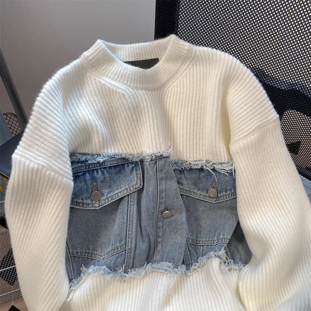 【tops】デニム切り替えニットセーターG23229