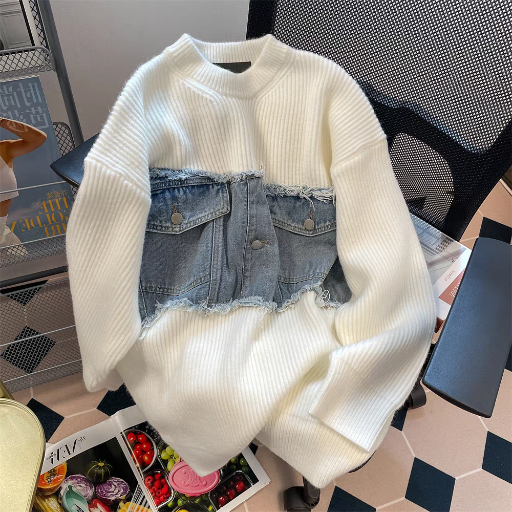 【tops】デニム切り替えニットセーターG23229