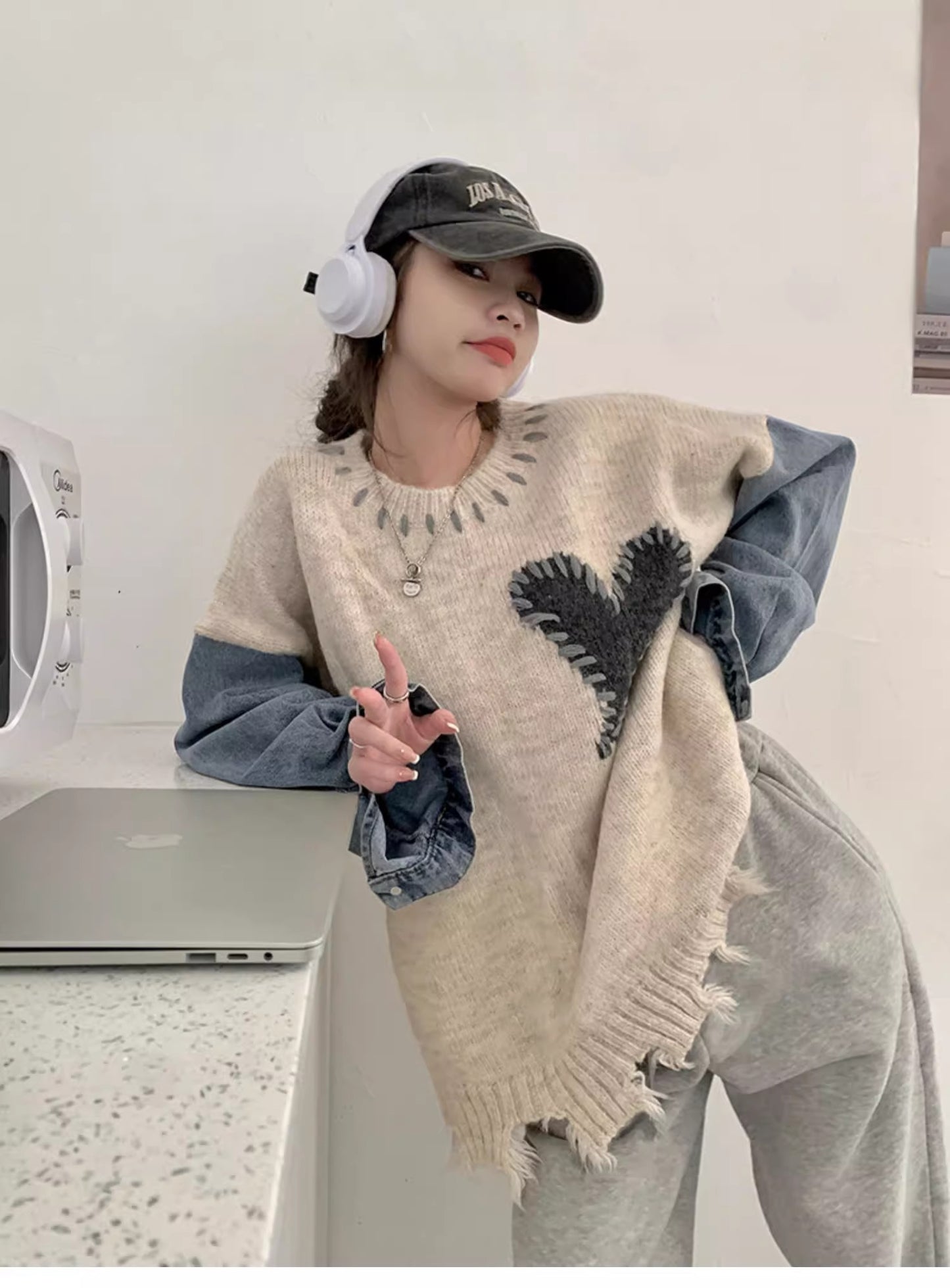 【tops】デニム切り替えニットセーターG23256