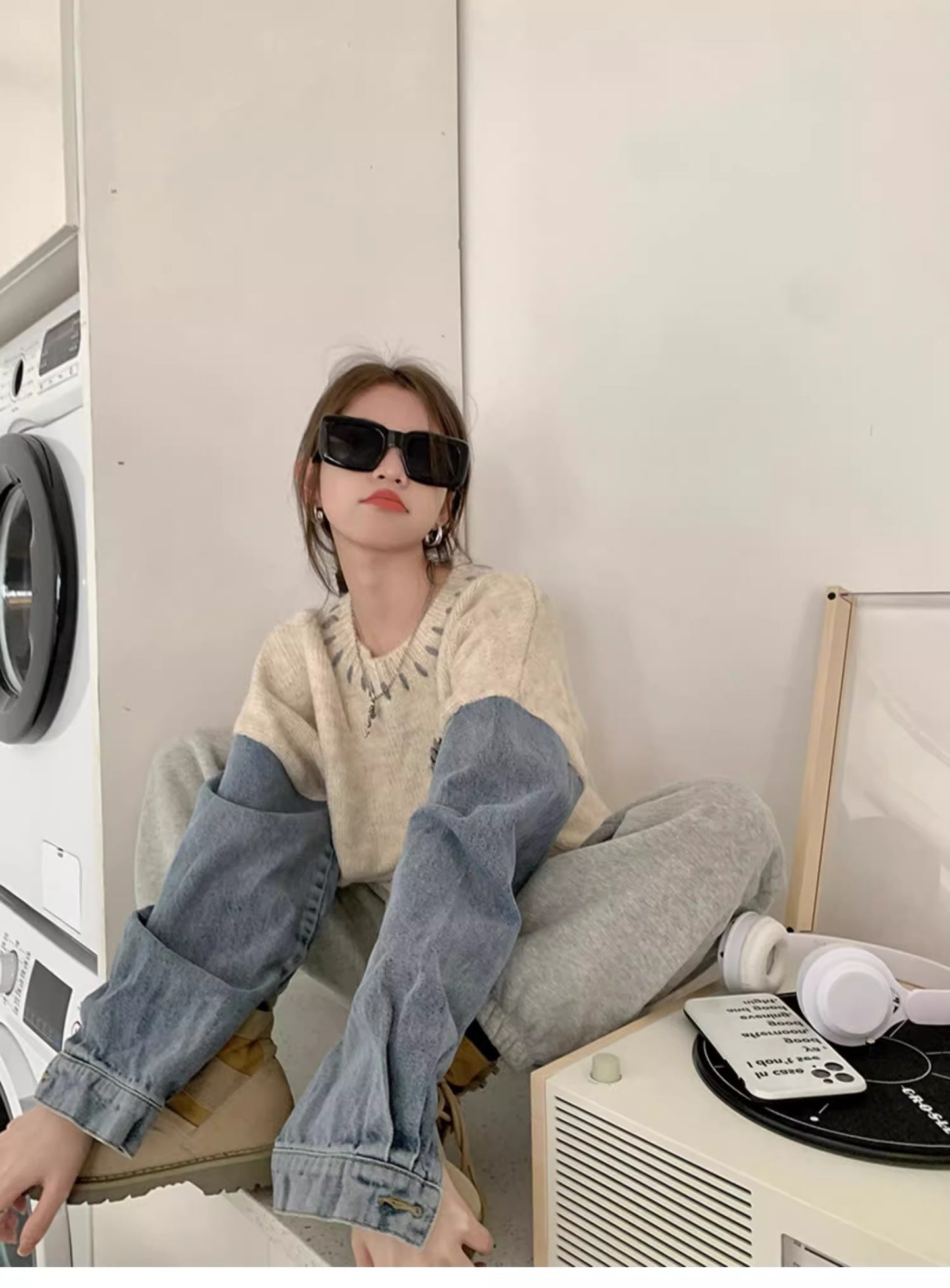 【tops】デニム切り替えニットセーターG23256