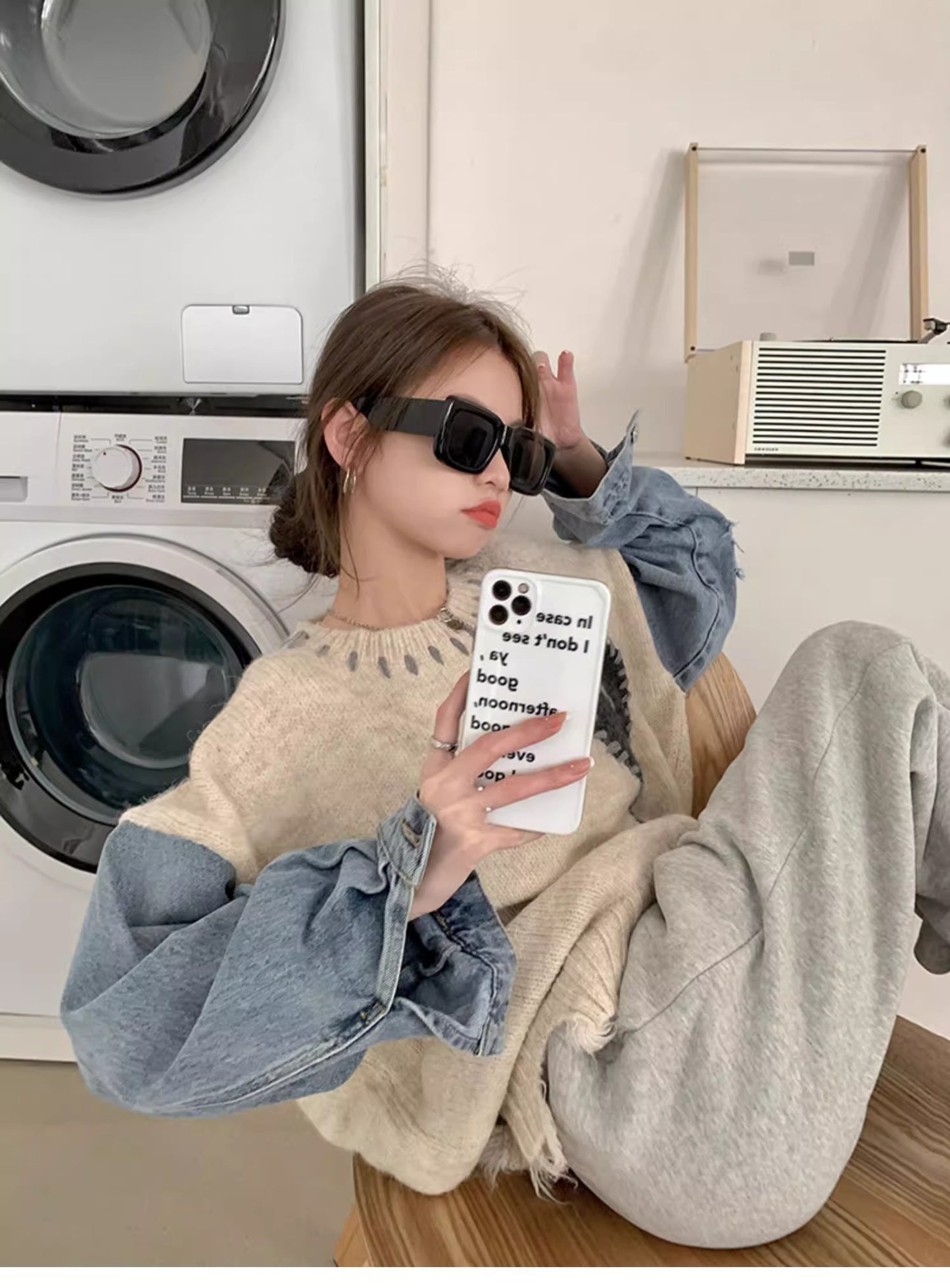 【tops】デニム切り替えニットセーターG23256