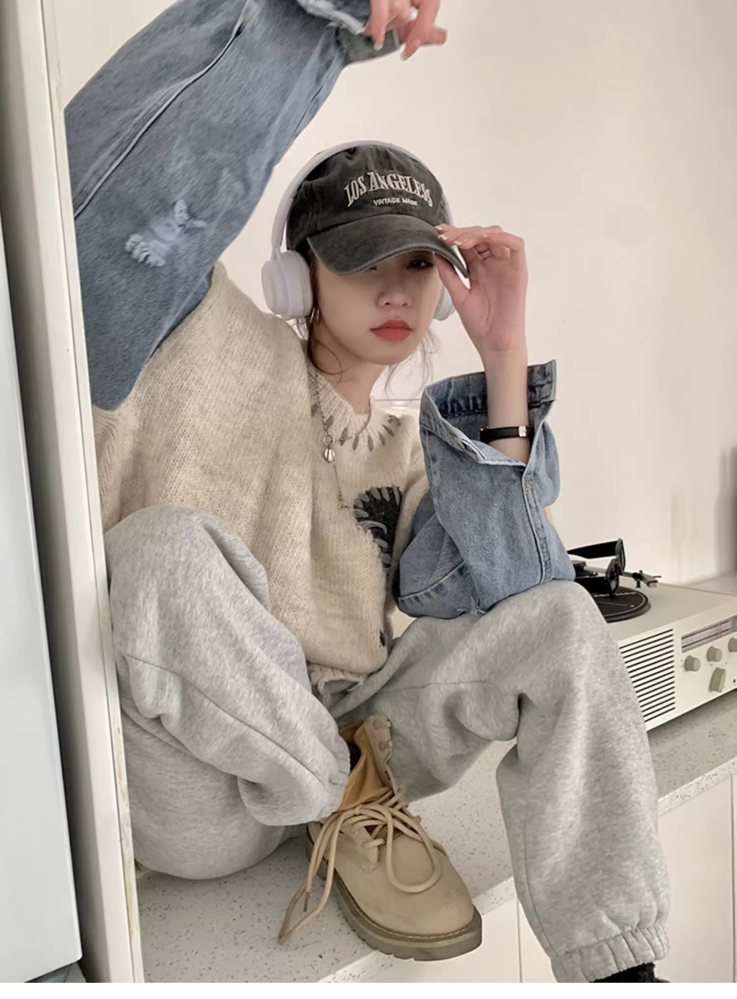 【tops】デニム切り替えニットセーターG23256