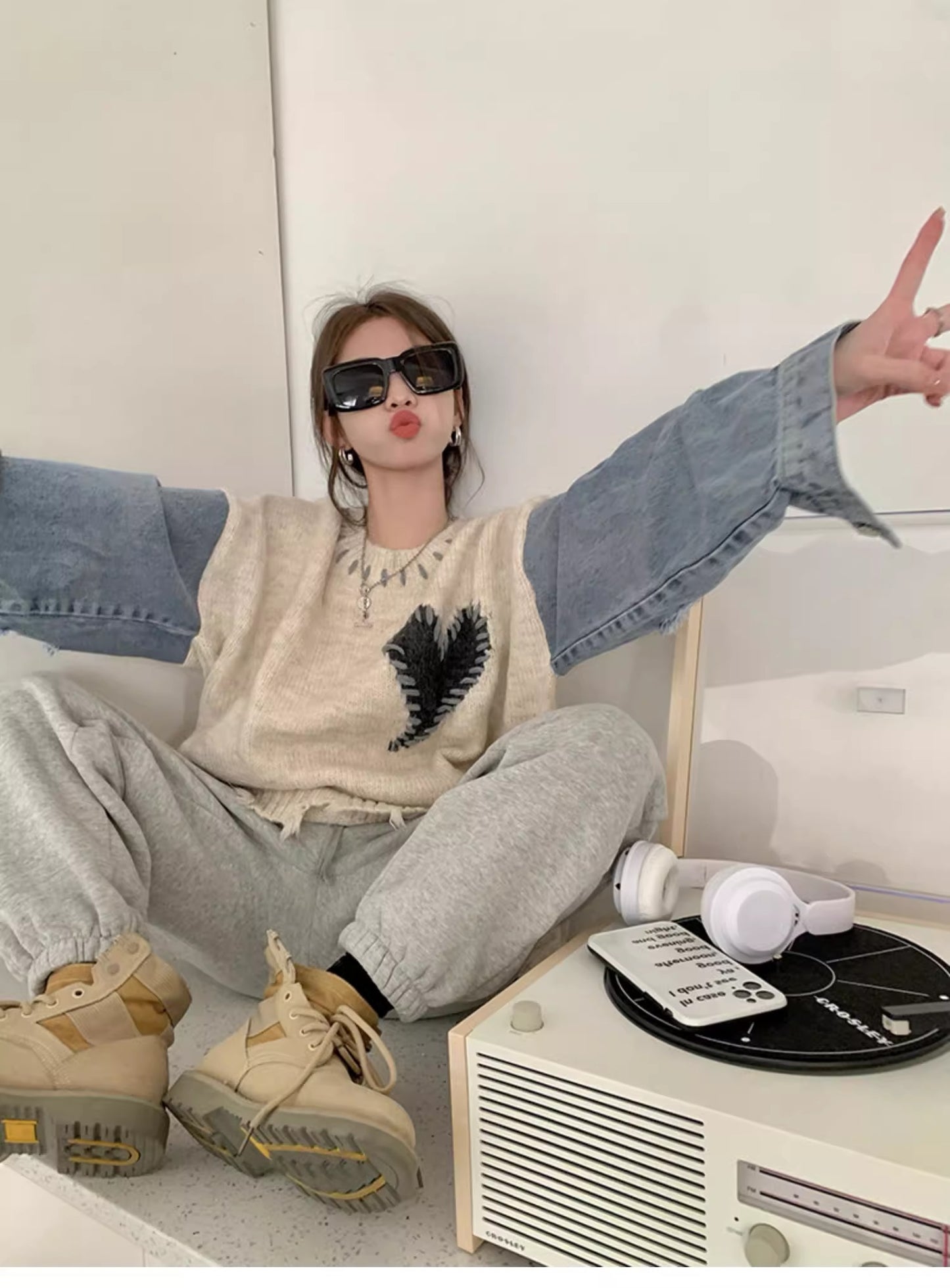 【tops】デニム切り替えニットセーターG23256