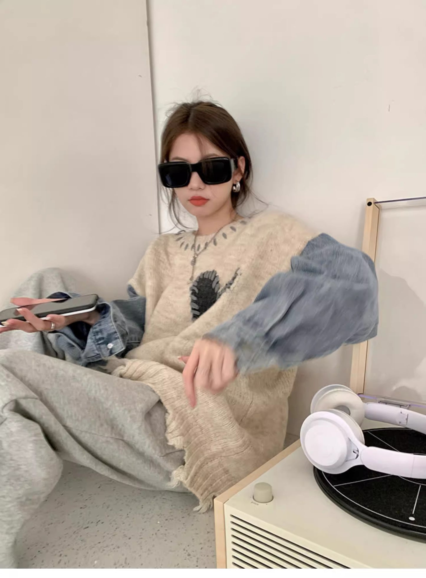 【tops】デニム切り替えニットセーターG23256