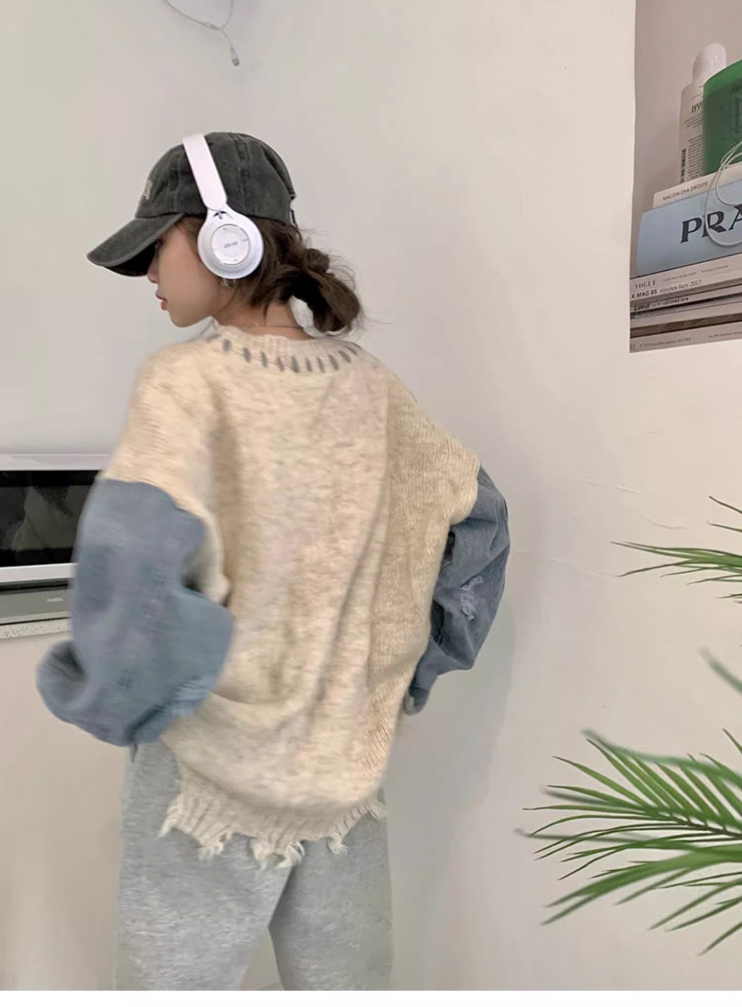 【tops】デニム切り替えニットセーターG23256