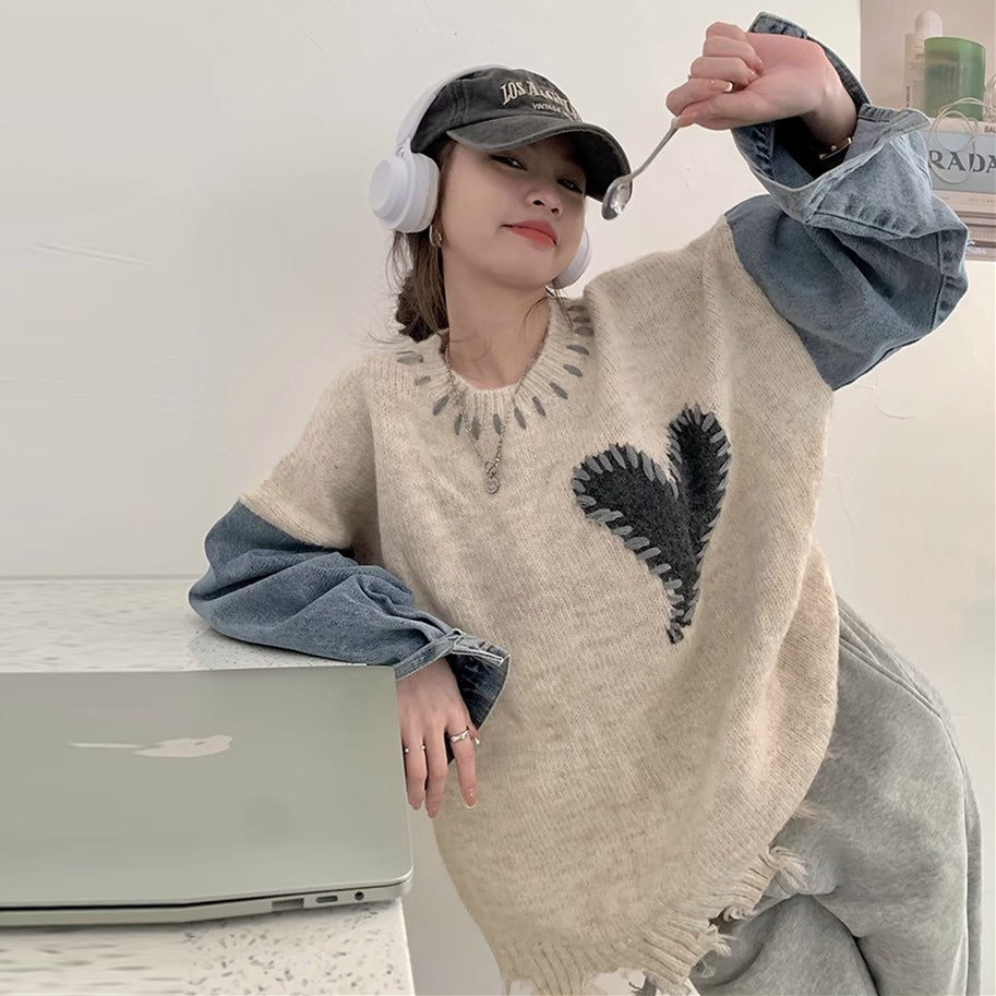 【tops】デニム切り替えニットセーターG23256