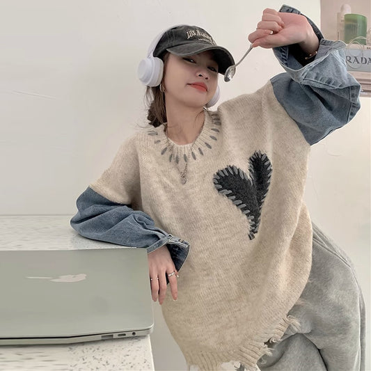 【tops】デニム切り替えニットセーターG23256