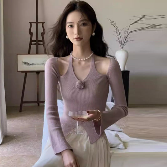 【tops】長袖ホルターネックニットトップスG23258