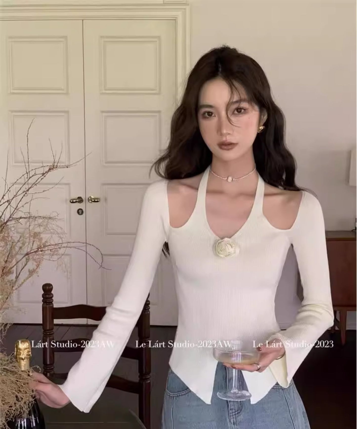 【tops】長袖ホルターネックニットトップスG23258