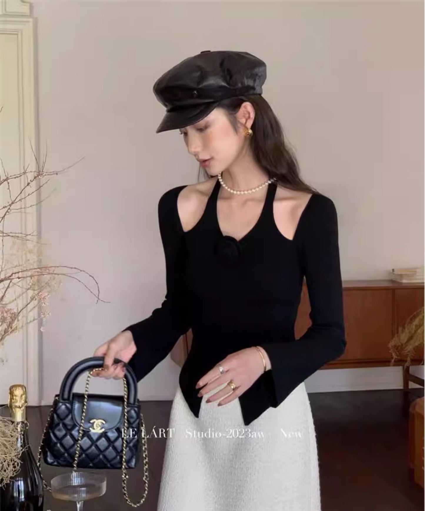 【tops】長袖ホルターネックニットトップスG23258