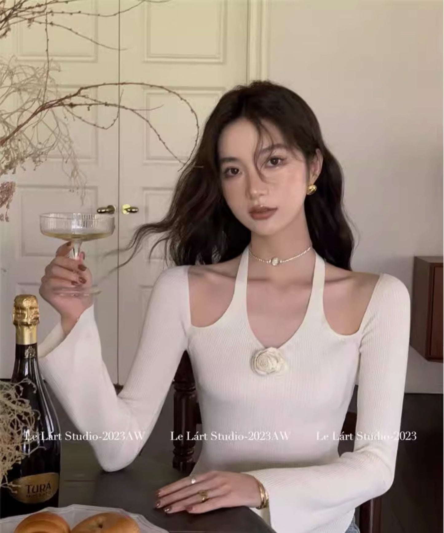 【tops】長袖ホルターネックニットトップスG23258