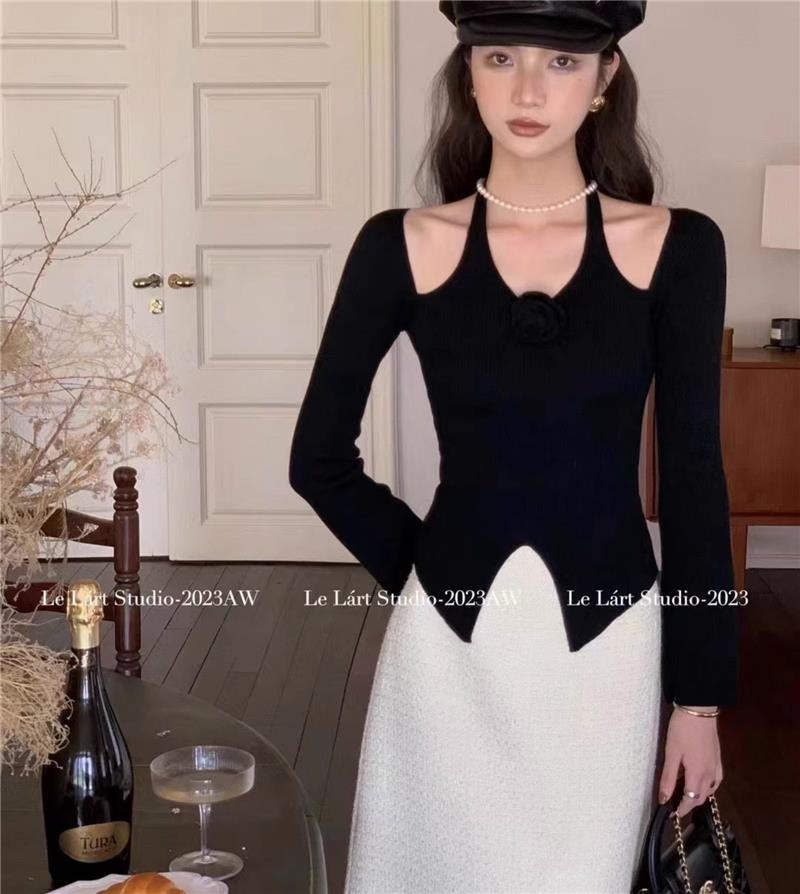 【tops】長袖ホルターネックニットトップスG23258