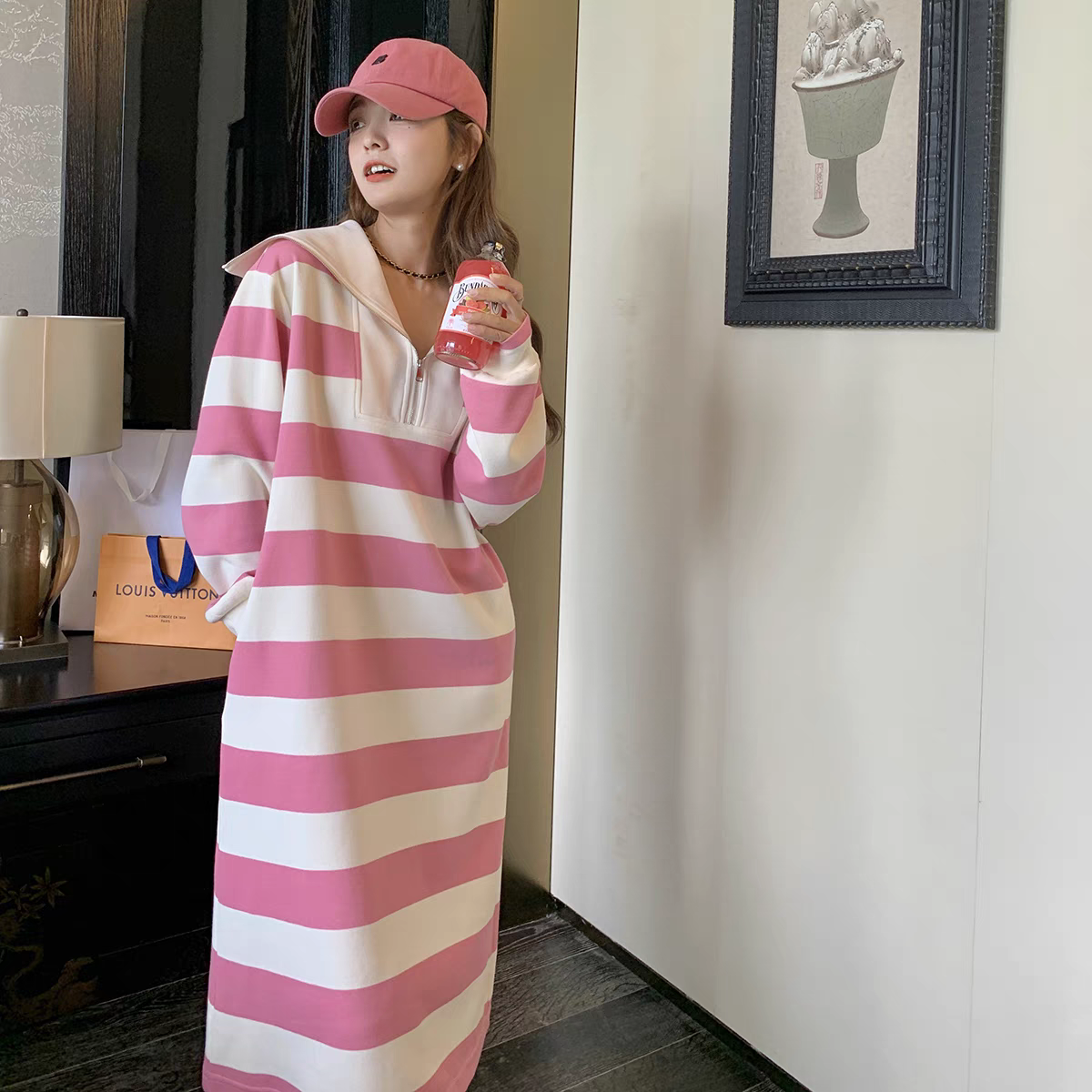【dress】ストライプ柄パーカーワンピースG23264