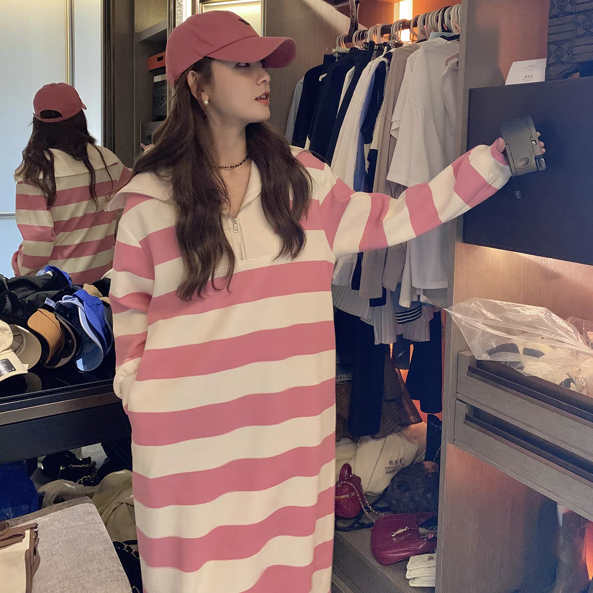 【dress】ストライプ柄パーカーワンピースG23264