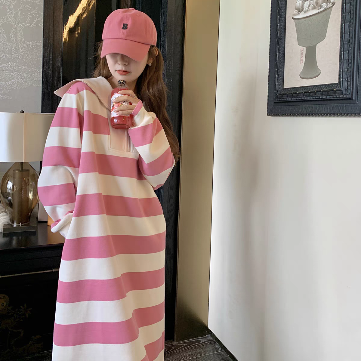 【dress】ストライプ柄パーカーワンピースG23264