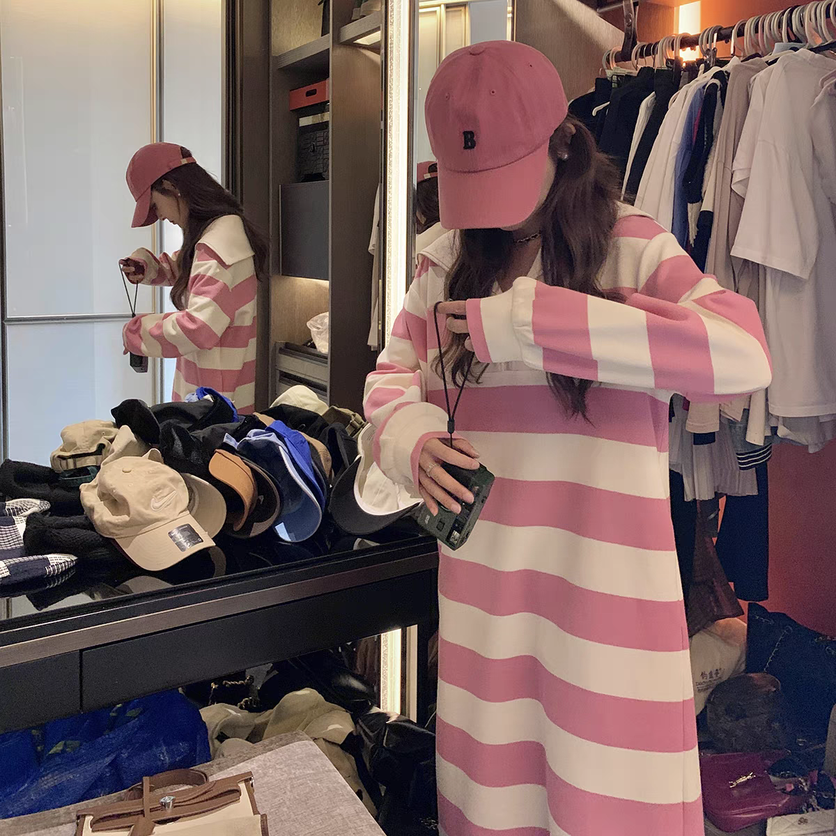 【dress】ストライプ柄パーカーワンピースG23264