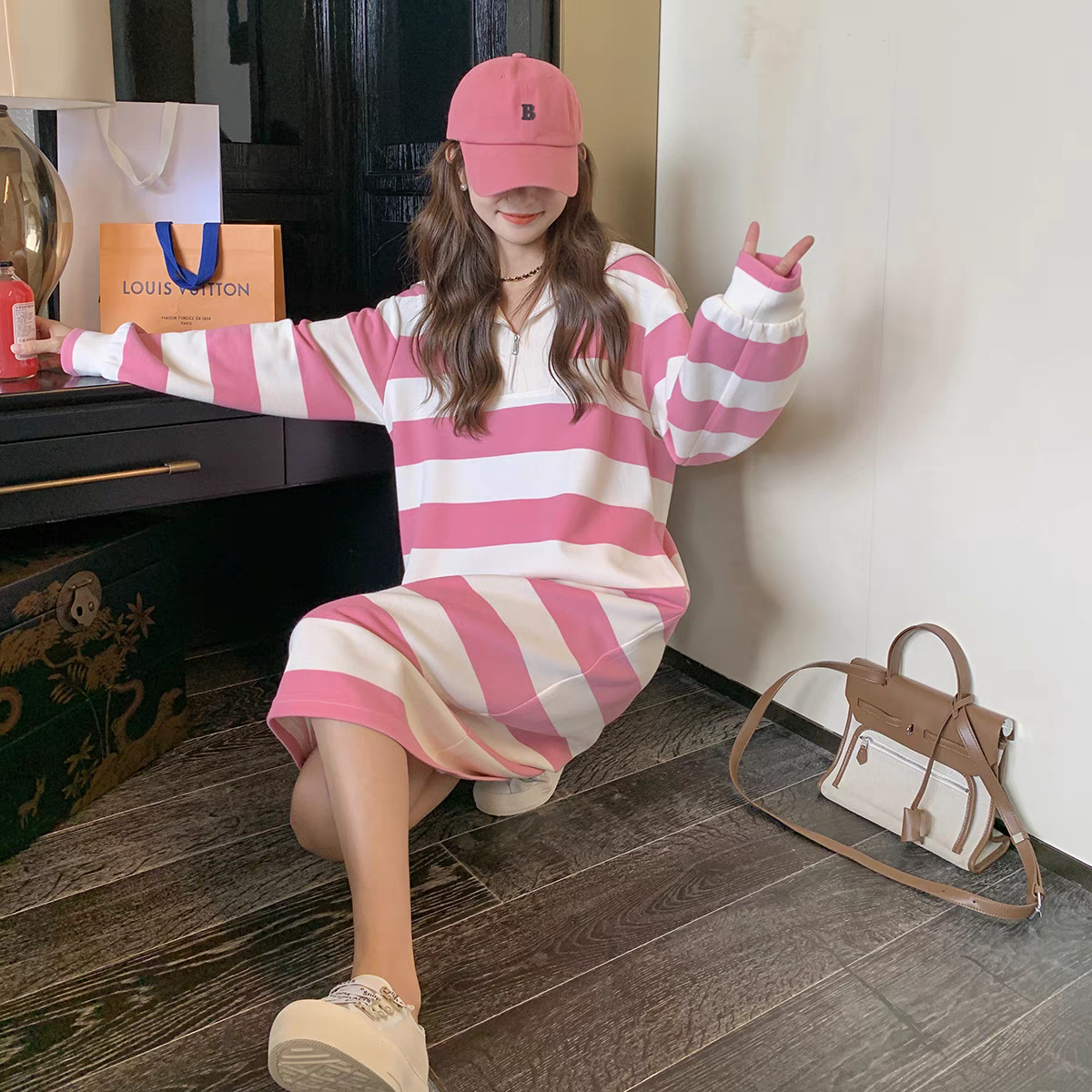 【dress】ストライプ柄パーカーワンピースG23264